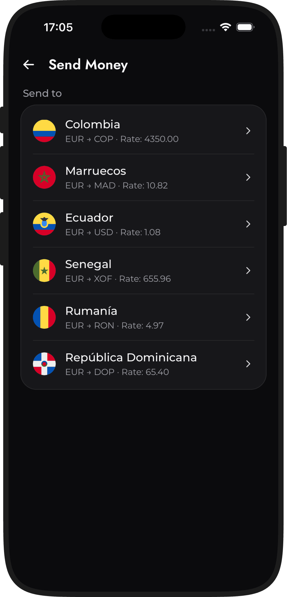 Send Money screen listing live corridors with their FX rate