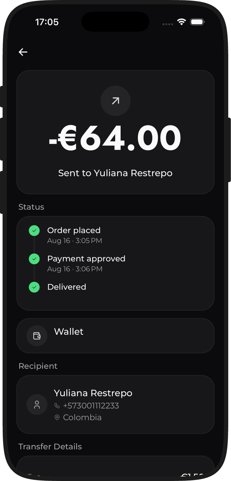 Transfer2World — Transaction detail