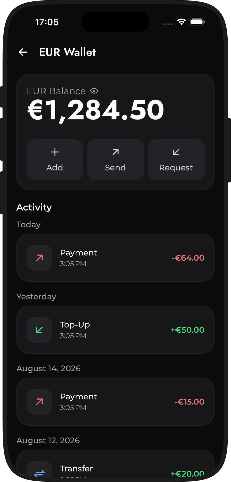 EUR wallet with running balance and dated activity