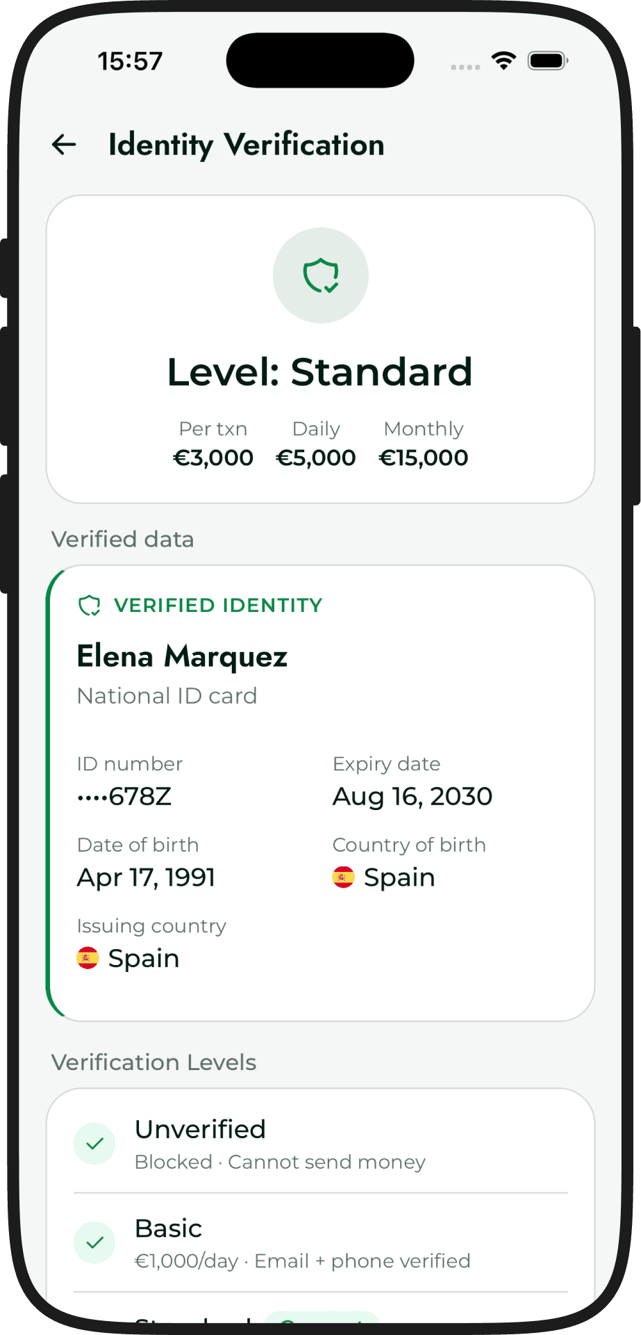 Identity verification with tier limits per transaction, day and month