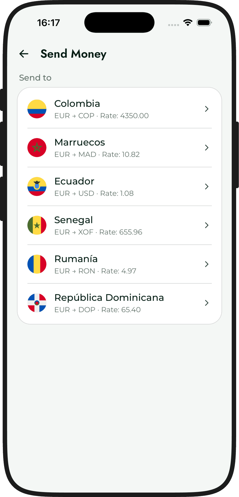 Send Money screen listing live corridors with their FX rate