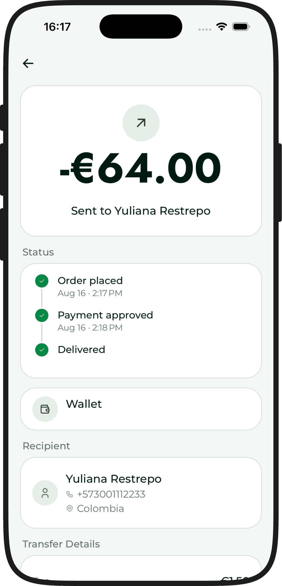 Transfer2World — Transaction detail