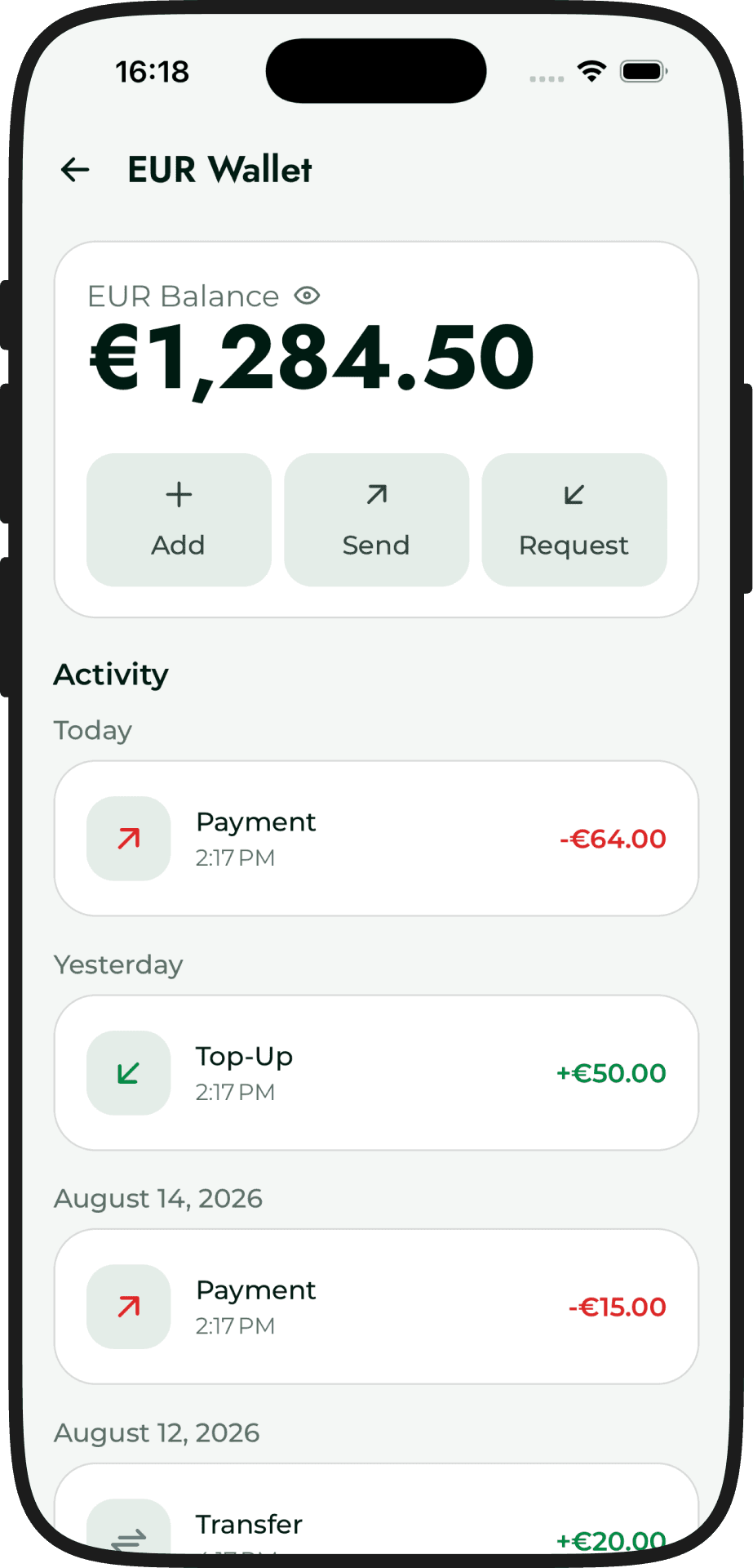 EUR wallet with running balance and dated activity